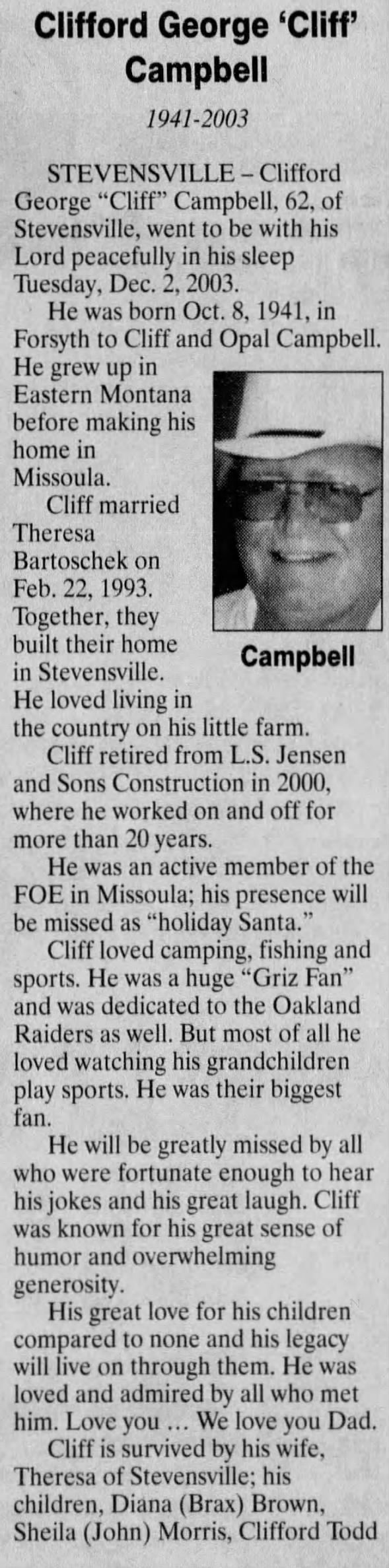 Obituary for Clifford George Cliff Campbell, 1941-2003 (Aged 62)
